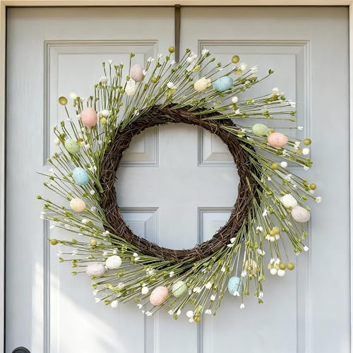 HipTree 20 Inch Farmhouse Easter Wreath for Front Door, Artificial Pastel Spring Wreath with Mini Easter Eggs, Handcrafted Wreaths for Entryway Mantel Window Indoor Outdoor Decorations