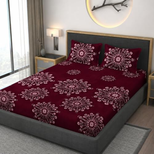 Image of Vaini Premium Heavy Cotton Flat Bedsheets with 2 King Size Pillow Covers || Double Bed 350 TC || 90 x 100 Inch King Size Flat || :- Maroon Big Flower