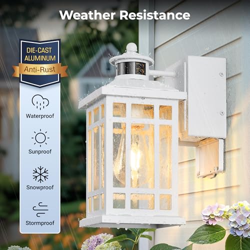 Image of White Motion Sensor Outdoor Lights with GFCI Outlet, Distance and Time Adjustable Exterior Lighting Fixtures, Dusk to Dawn Outside Light for House, Porch, Garage, 5 Modes, Waterproof, Anti-Rust
