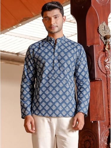 Image of DEELMO Men's Cotton Blend Printed Long Sleeve Short Kurta | Stylish Casual & Ethnic Wear | Comfortable Mandarin Collar Kurta for Daily, Festive & Party Outfits