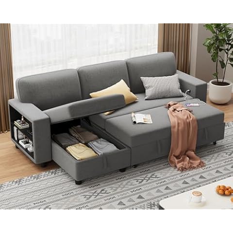 Flamaker 80" Sleeper Sofa, Pull Out Couch with Built-in Large Storage and 2 Bookshelves, Convertible Modular Sectional Sofa Bed with USB, Modern Fabric Couches for Living Room, Apartment (Grey) Cover