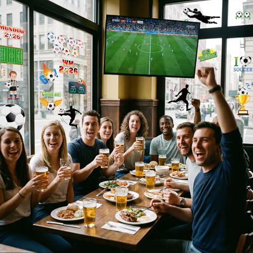 DPKOW 9 x Fensterbilder Fußball 2026 WM Fensteraufkleber Fenstersticker 2026 WM Deko für Fenster Hause Bar Laden, Fußball Fanartikel Deko Weltmeisterschaft Fensterdeko, Selbstklebend