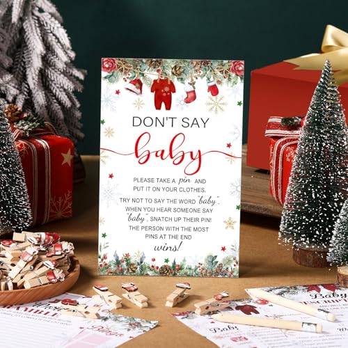 Image of Patelai 321 Pcs Christmas Santa Baby Shower Game Supplies Include 250 Activity Cards 20 Pencils 1 Don't Say Baby Sign 50 Clothespins for Price Is Right Prediction Bingo Game Party Decor