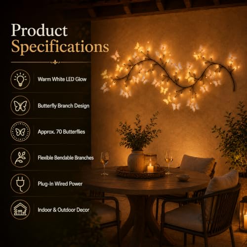 Image of One94Store Butterfly 72 LED's Vine Wall Light | USB Powered Flexible Branch with Warm White Fairy Lights | Remote Control, 8 Lighting Modes & Brightness Control | Wall Decor for Bedroom & Living Room