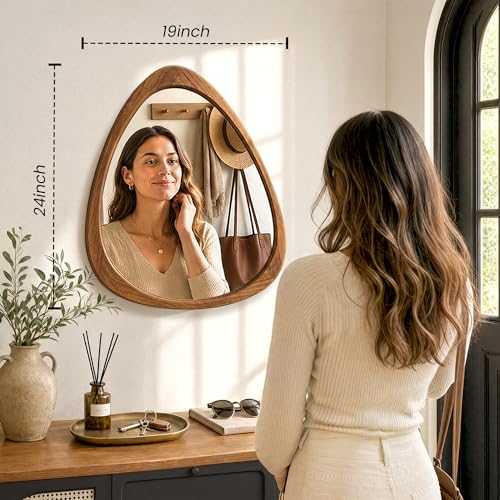 Image of Asymmetrical Mirror, 24 inchx19 inch Unique Irregular Wall Mirror, Wood Mid Century Modern Mirror Decor for Bathroom Bedroom Living Room Entryway Hallway (Natural Wood)