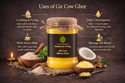 Image of Village-Organica A2 Gir Cow Ghee, 1Ltr(500mlx2) | Traditional Bilona Method | Grass-Fed Desi Gir Cow Milk | Pure, Nutritious & Premium Glass Bottle Packaging | A2 Ghee Bilona Method