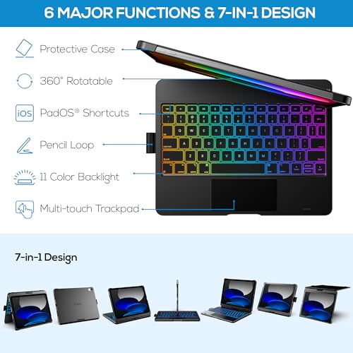 Image of typecase Touch iPad 11th 10th Generation Case with Keyboard (11 inch 2025, A16 & 10.9 inch 2022) - 360 Rotatable, 11-Color Backlit, Multi-Touch Trackpad, Pencil Holder, Thin & Light - Black