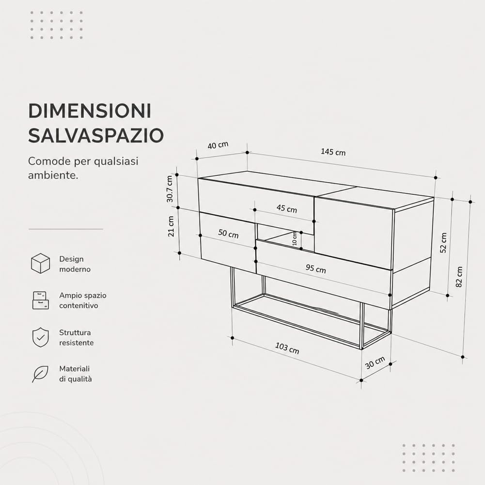 Shally Dogan Madia Consolle Design Moderno da Ingresso, Camera da Letto, Soggiorno, Ufficio, 2 Ante e 2 Cassetti, Mobiletto Salvaspazio, Chiusura Soft Close, 145 x 40 x 82 cm (Tortora e Marmo Bianco)