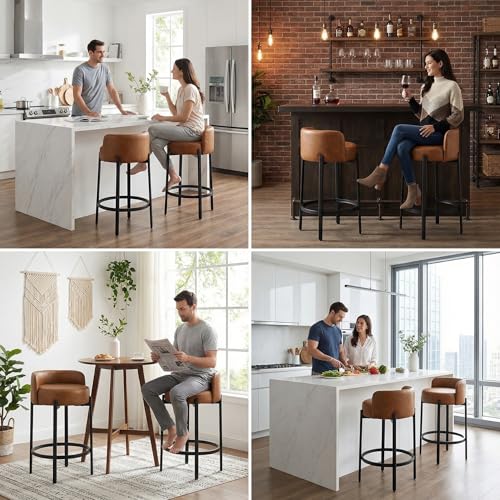 Image of LukeAlon Modern PU Leather Counter Height Stools Set of 4, Upholstered 26 inch Seat Height Barstools with Black Metal Legs Round Low Back Kitchen Stools with Footrest for Dining Room Small Places, Brown