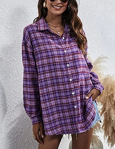 Image of HangNiFang Womens Flannel Plaid Shirts Oversized Button Shirts Blouse Tops