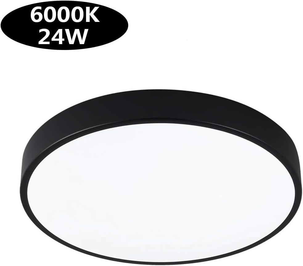 SAISHUO Round LED Flush Mount Ceiling Light, 15.7 Inch 24W 6000K(Cold White), Ultra-Thin Ceiling Lamp Fixture for Bedroom, Living Room, Hallway, Foyer, Black
