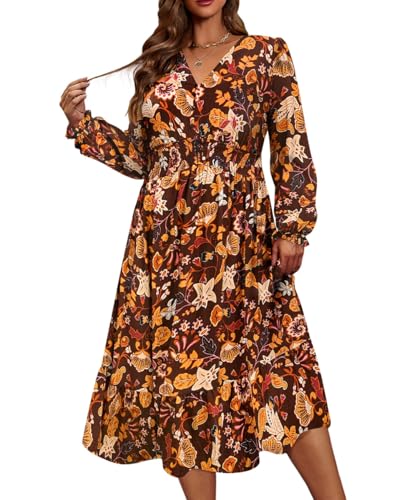 CARCOS Women's Plus Size Boho Floral Fall Dress Long Sleeve V Neck Wedding Guest Cocktail Party Flowy Midi Dress XL-5XL