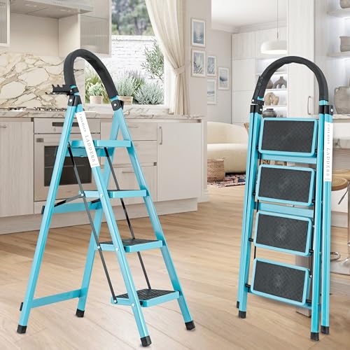 Image of Teal Blue 4 Step Ladder for Home Use with Built-in Tool Tray | Heavy Duty D Shape Rods | Ultra Large Platform | Wide Rubber Feet | 150Kg Capacity Foldable Ladder - 7 Years Warranty