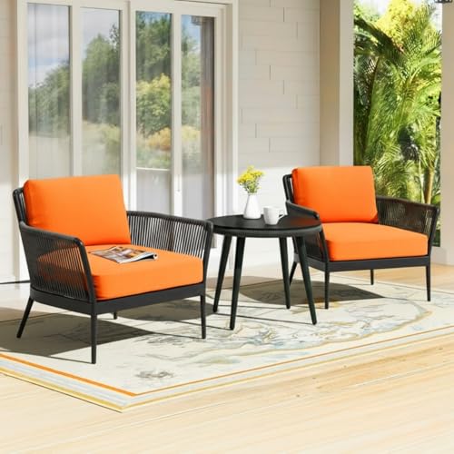 Image of DEVOKO Fabric Enhance Your Outdoor Living With Our 3 Piece Patio Set - Grey Rope Bistro Furniture With Orange Cushions, Ideal For Balcony, Backyard, Or Porch Provides Durability & Style