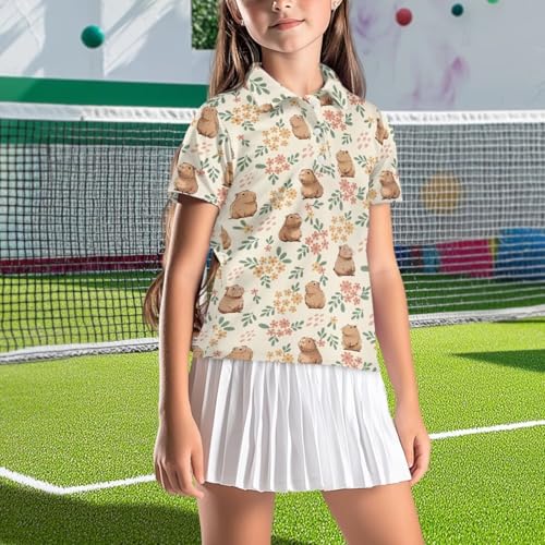 Girls Short Sleeve Golf Shirt Button Up Summer Tennis Shirts Golf Tops Outfit with Collar for Kids Teens Size 5-163