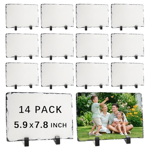 ORJ 14 Pack Sublimation Slate Blanks Custom Stone Slate Picture Frame Heat Transfer Rock Photo Plaque 6x8 Inch with Display Stand Decoration for Desktop Souvenir DIY Personalized Gift