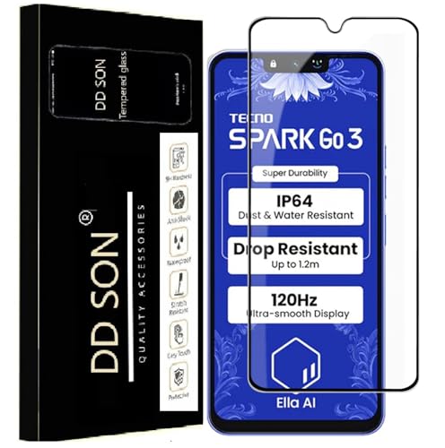 Image of DD SON Premium Tempered Glass Screen Protector Guard Compatible For Tecno Spark Go 3 5G (6.74 Inch, Pack of 1) | Edge to Edge Coverage With Easy to installation kit for Smartphone