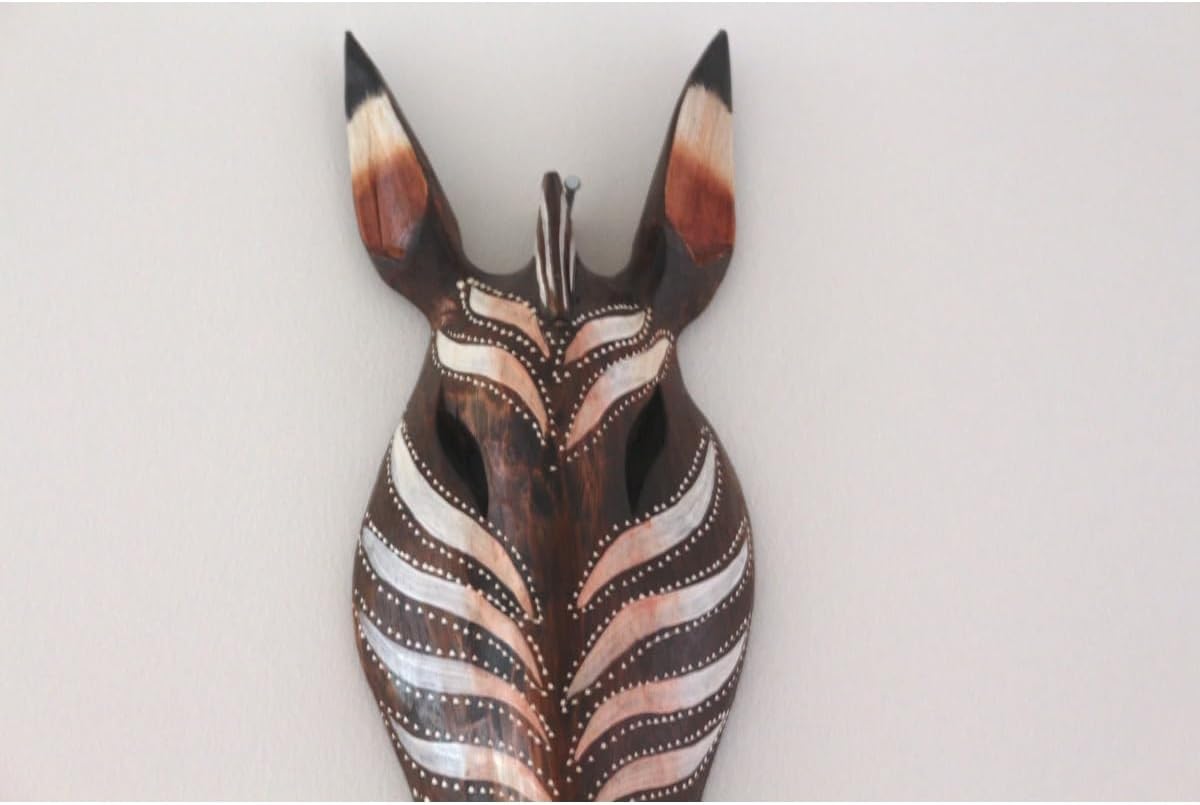 SODEF Wooden Mask Zebra Striped 19.7 in Wall Decor Authentic Decorative Mask for Living Room, Office - Brown, 5x20 inch