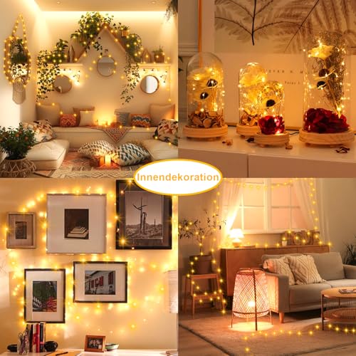 4 Stück LED Lichterkette Batterie mit Timer, 20M 200 LED Lichterkette Wasserdicht mit 5 Modi DIY Silber Micro Drahtlichterkette für Zimmer Party Weihnachten (Warmweiß)