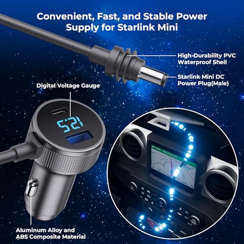 Image of Starlink Mini Cable, 3 in 1 Starlink Mini Car Charger DC Power Cable+ Cigarette Lighter Adapter 12V-48V with Digital Display, Durable USB C PD 40W and USB A 35W Ports for Trucks and Cars (6.5FT)