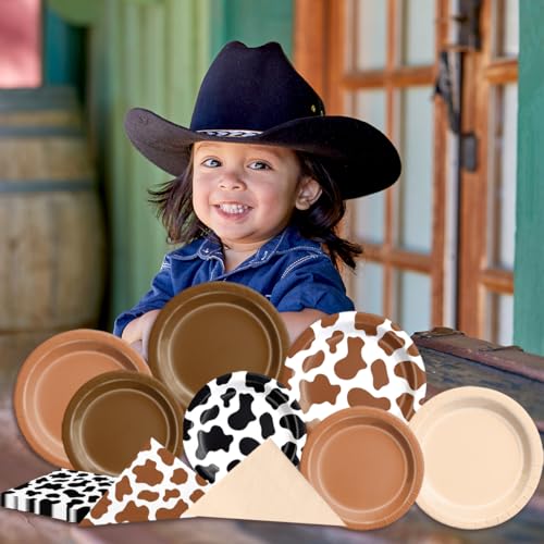 Image of CMUSKO Cowboy Party Decoration - 60Pcs Brown Cow Print Plates & Napkins Set Farmhouse Western Party Supplies for Baby Shower,Birthday