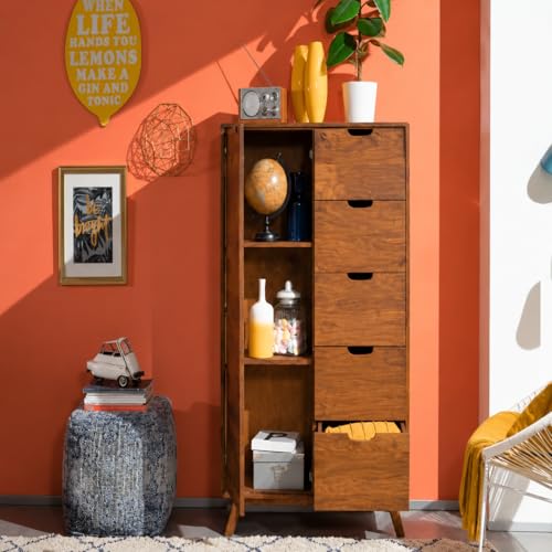 Image of Solid Sheesham Wood Tall Storage Cabinet with Drawers & Door | Wooden Multipurpose Organizer Cabinet for Bedroom Living Room Hallway | Mid Century Style Wardrobe Chest Storage Unit