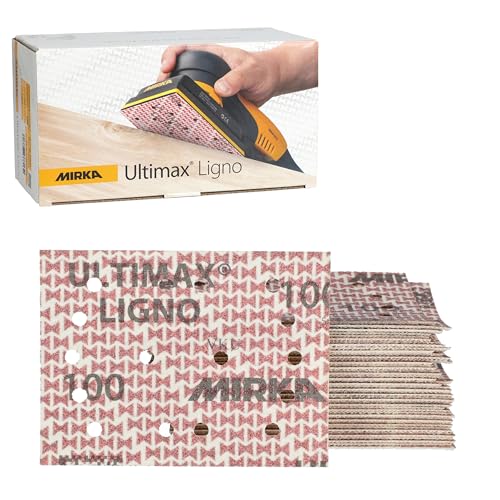 Image of Mirka Ultimax Ligno 3x4 in 100 Grit Wood Sanding Sheets Hook & Loop 50 Pack | Woodworking Sandpaper for Orbital Sanders with Multifit Holes, Fast, Even Cut and Dust Extraction on Hardwood and Softwood