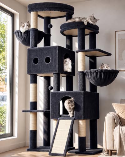 Image of Globlazer Sturdy Cat Tower for Indoor Cats 20lbs, 76in, S76E, Dark Grey | Heavy Duty Cat Tree for Adult Big Cats Maine Coon with Scratching Post, 2 Extra Large Top Perch, 2 Padded Cat Condos