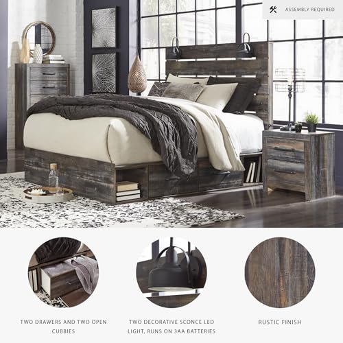 Image of Signature Design by Ashley Drystan Queen Panel Bed with 2 Storage Drawers, Sconce LED Lights, and USB Charging Ports, Engineered Wood Platform Design, No Box Spring Needed, Dark Brown and Gray