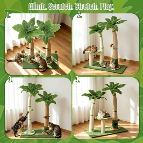 Cat Scratching Post - Natural Sisal Rope, 29 inch Scratching Post for Indoor Kittens & Small Cats, Height-Adjustable to 42.5 inch with Hanging & Spring Ball, Protect Furniture Cat Scratcher Post