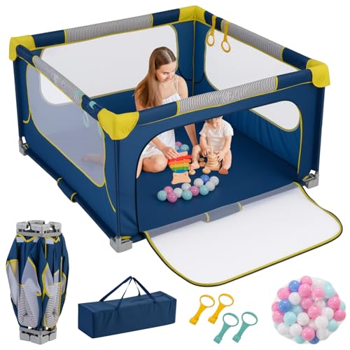 LIFEZEAL Corral para Niños y Bebés 0-3 Años, Recinto, 127x127 cm, Preensamblado, Plegable, Portátil, con Bolsa, Asas, Bolas, Borde Protector, Parque de Juegos, Centro de Actividades (azul)
