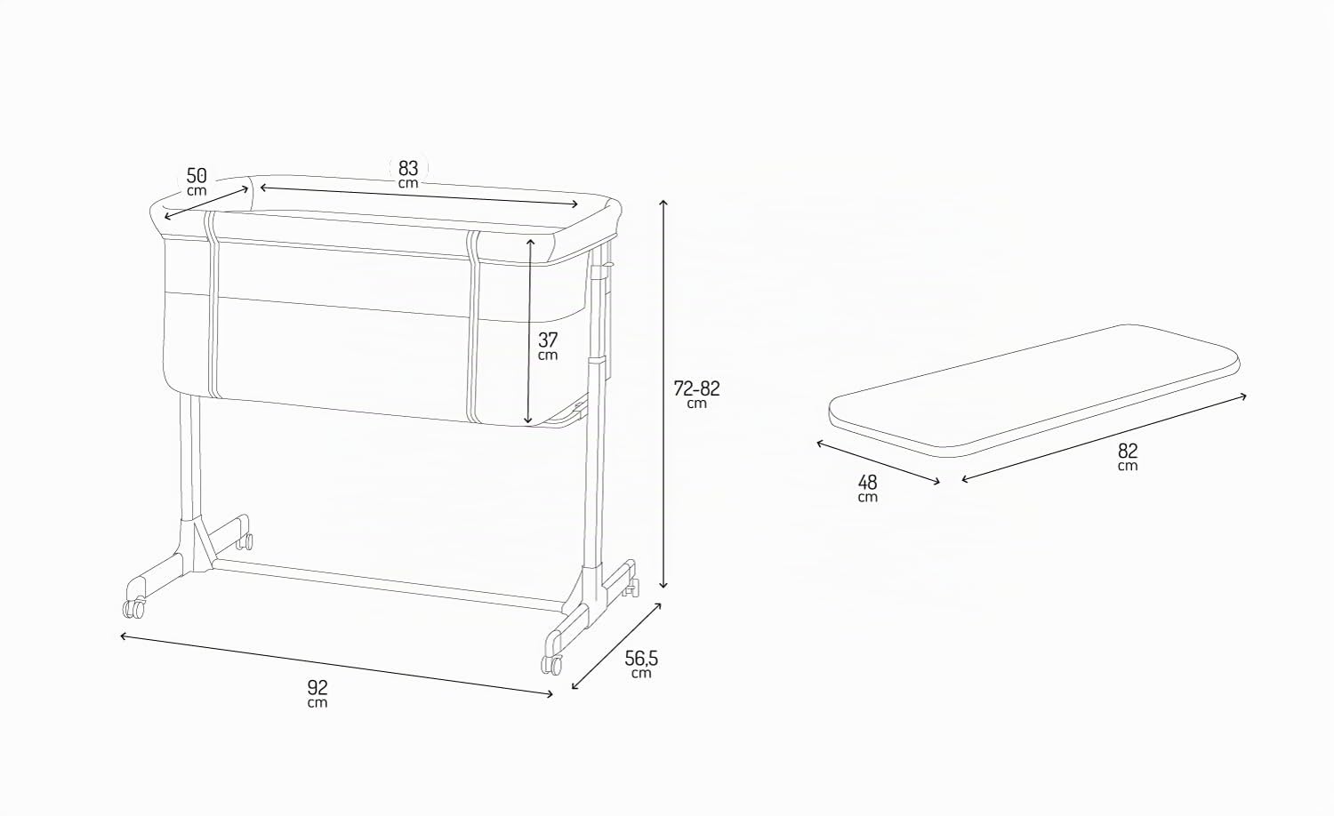 Momi REVO Lettino multifunzionale, con regolazione dell'altezza su 6 livelli da 72 a 82 cm, con rotelle, materassino incluso, cinghie di fissaggio, zanzariera e barra giochi