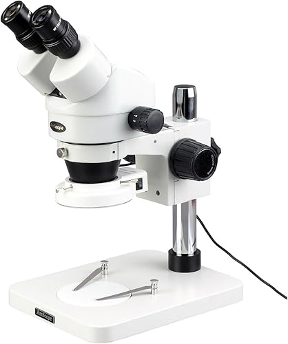 AmScope SM-1BSZ-144S Microscopio de zoom estéreo binocular profesional, ocular WH10x, aumento de 3.5x-90x, objetivo de zoom 0.7X-4.5X, anillo de luz