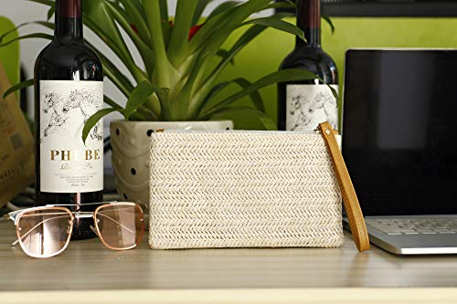 Cookooky Women's Straw Clutch Bag Bohemian Zipper Wristlet Womens Summer Beach Sea Purse Straw Wallets For Women (Beige- White) #TOP4