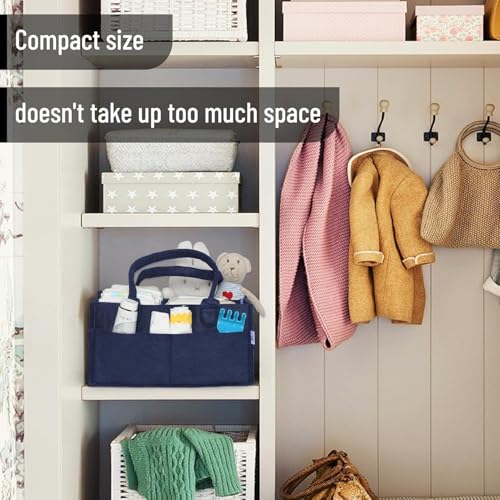 Image of UCRAVO Baby Diaper Organizer,Diaper Caddy Felt Storage Box with Pocket,Portable Baby Wipes Basket with Compartment,Nursery Storage Bin Foldable Carrying Bag Organizer for Car Travel -Blue