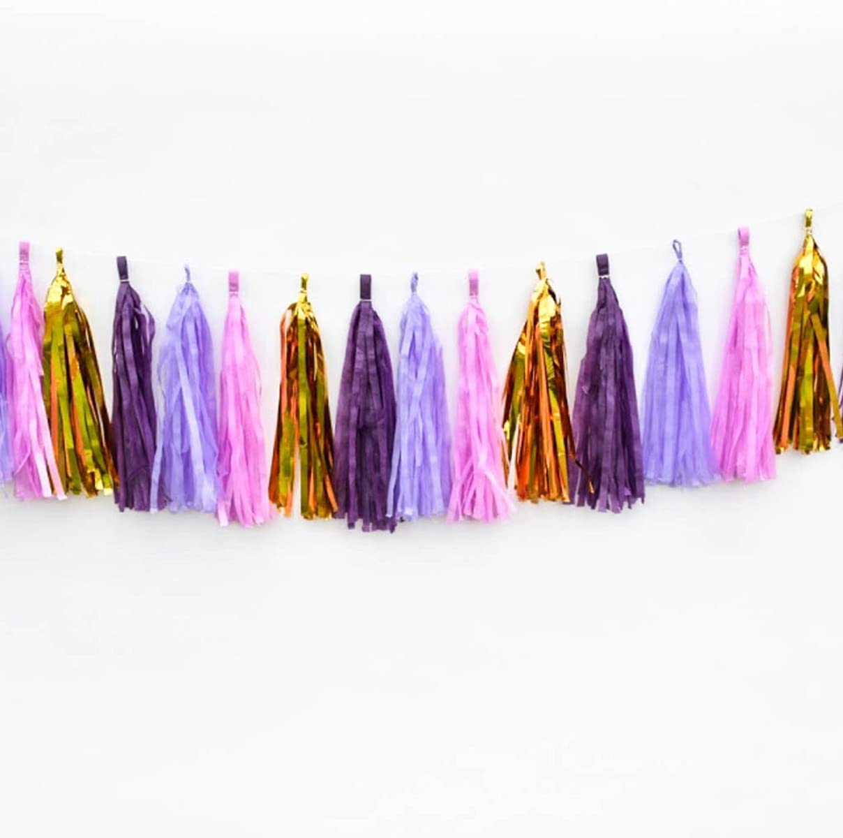 AMFIN(20 Pieces, 2 Meter) Paper Tassels for Decoration, Paper Tassels Garland, Paper Tassel for Party, Paper Tassels, Birthday Decoration items - Baby Purple, Light Pink, Dark Purple & Golden