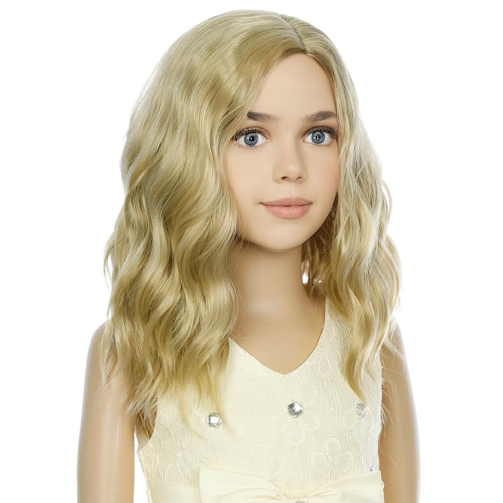 PATTNIUM Blonde Wig Kids Child Short Wavy Wig Ash Blonde Wigs Mixed Blonde Wigs for Gilrs Cosplay Party Heat Resistant Blonde Synthetic Hair(Ash