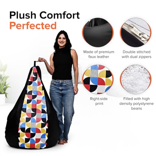 Image of Amazon Brand - Solimo Premium Faux Leather Bean Bag Combo with Footrest & Cushion, Filled with Beans | Capacity: Upto 6 Ft 3 in Height, 120 KG Weight | 4XL | Geometric Print |Black