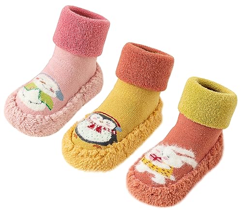 Happy Cherry 3 Pairs Baby Sock Shoes Non-Skid Rubber Soft Sole Infant Slippers Prewalker Shoes Winter House Slipper Pink+Yellow+Orange 18-24 Months