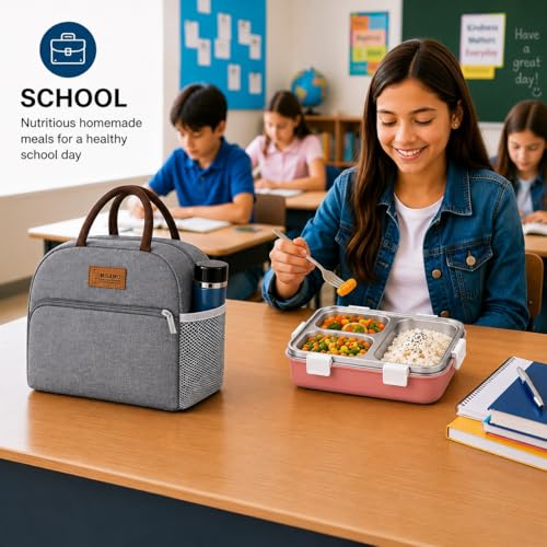 Image of MISAMO ENTERPRISELunch Box with Insulated Lunch Bag Combo, 3 Compartment Stainless Steel Lunch Box with Spoon & Fork, Leak Proof Food Container for School, Office & Travel (Grey Bag+Pink Lunch Box)