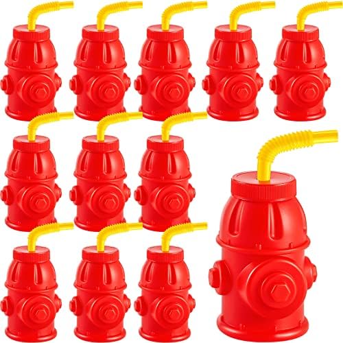 Amyhill 12 oz Fire Hydrant Straw Cups Firetruck Birthday Decorations Firefighter Party Favors Reusable Red Plastic Cups with Lids Fireman Birthday Decorations for Kids (12 Pcs)