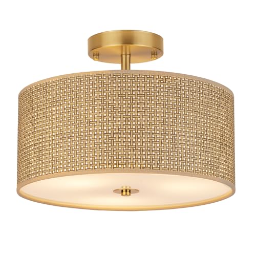 CLARSYNE 13' Woven Rattan Boho Ceiling Light Fixture, 3-Light Modern Semi Flush Mount Lamp with Drum...
