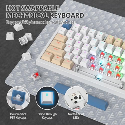 Image of 75% Mechanical Creamy Keyboard with Volumn Knob, Gasket Hot Swappable RGB Gaming Keyboard, Wired Custom Keyboard with Red Switch, 82 Keys Compact Creamy White