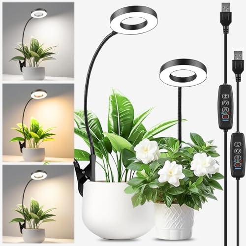 Lámpara LED para plantas de espectro completo, 2 unidades de luz para plantas de interior, lámpara LED de cultivo en 3 colores, lámpara para plantas con cuello de cisne de 360°, temporizador 6/12/16H