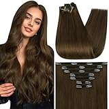 Full Shine Brown Hair Clip in Extensions Real Human Hair Medium Brown Invisible Clip in Hair Extensions Triple Weft Straight Thick Ends 16 Inch 7 Pcs 120g