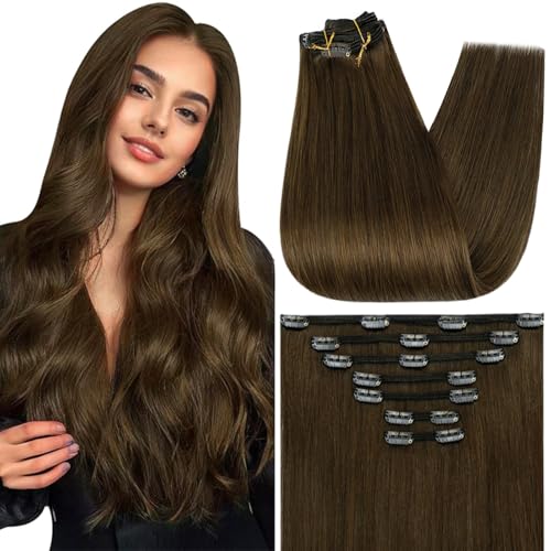 Image of Full Shine Human Hair Clip in Extensions 14 Inch Brown | Clip in Hair Extensions Real Human Hair, Straight Medium Brown Hair Extensions for Women, 7 Pcs 120g