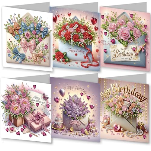 Awesocrafts 6pcs Diamond Art Christmas Cards Kits Flowers, DIY Diamond Painting Cards Sets