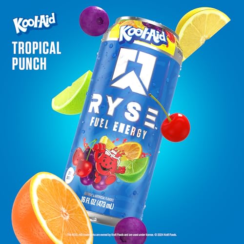 Image of RYSE Fuel Energy Drink - Kool-Aid Tropical Punch - Sugar Free, Gluten Free & Vegan - 200mg Natural Caffeine, Taurine & Choline for Focus & Energy - No Artificial Colors - 16 fl oz Cans (12-Pack)