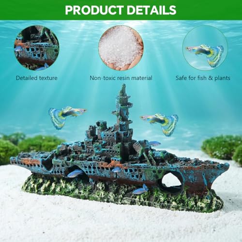 Image of Qpets Shipwreck Aquarium Decoration, Vintage Resin Fish Tank Ornament with Hiding Cave, Aquarium Decorative Item for Freshwater & Saltwater Aquariums