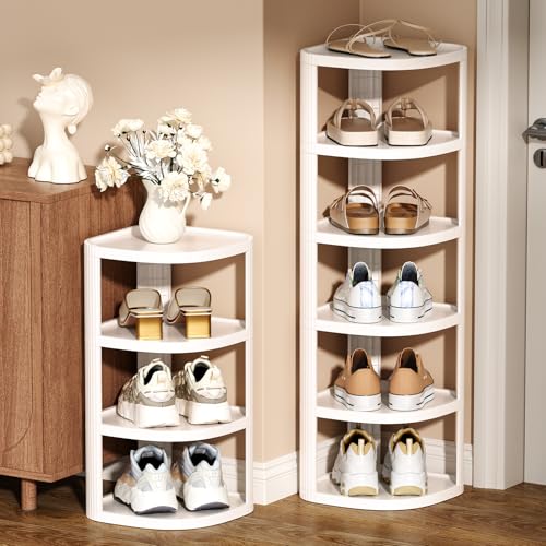 NestOrganix 10 Tier Vertical Shoe Rack, Stackable Narrow Shoe Rack Organizer for Entryway Closet Corner, Free Standing Shoe Rack Tower Shelf, Space Saving, Curved, White